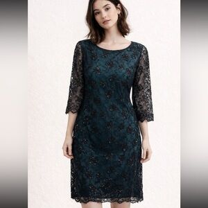 Adrianna Papell Teal and Black long sleeve sequins Floral Lace Dress